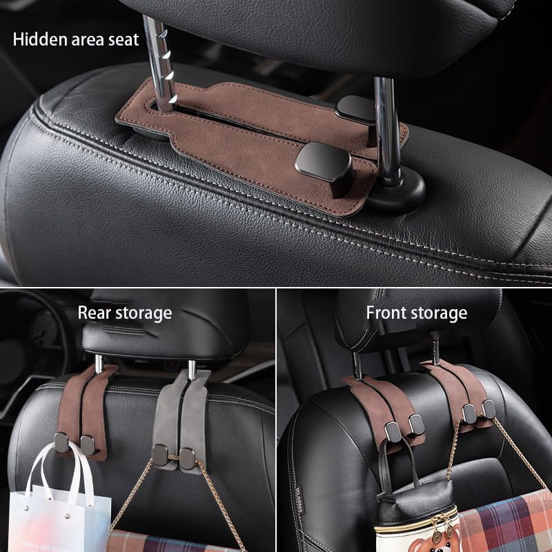 2-in-1 Premium Leather Car Headrest Hanger with Metal Hooks (1 Pair)